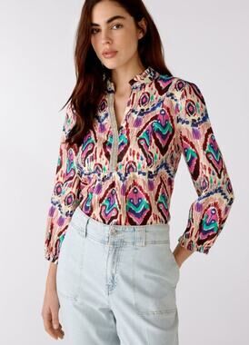 Oui Linen Top Women 10 Colorful Batik Block Print V Neck Tiered Resort Wear Boho